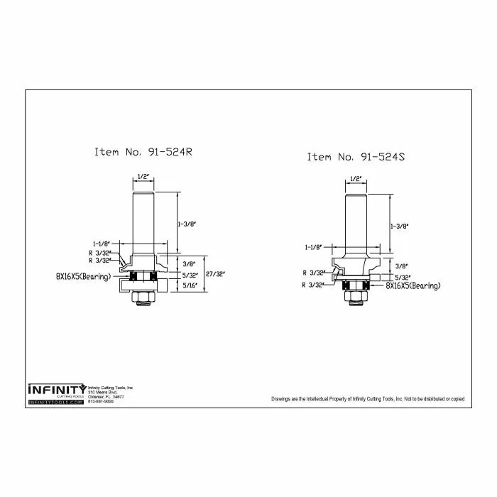 Technical drawing of two woodworking router bits with dimensions, labeled 91-524R and 91-524S.