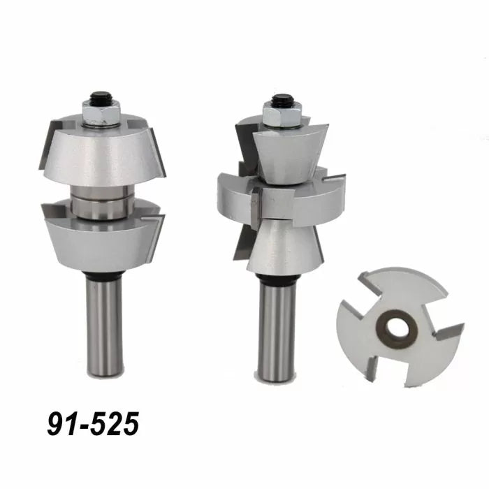 Stainless steel woodworking router bits set with 91-525 label on a white background