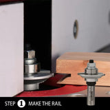 Router bit shaping wooden rail edge on router table, step-by-step woodworking process.