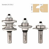 Three carbide router bit sets for woodworking with detailed joinery profile diagram