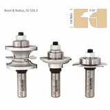 Three steel woodworking router bits for bevel and radius cuts, shown with joint profile diagram.