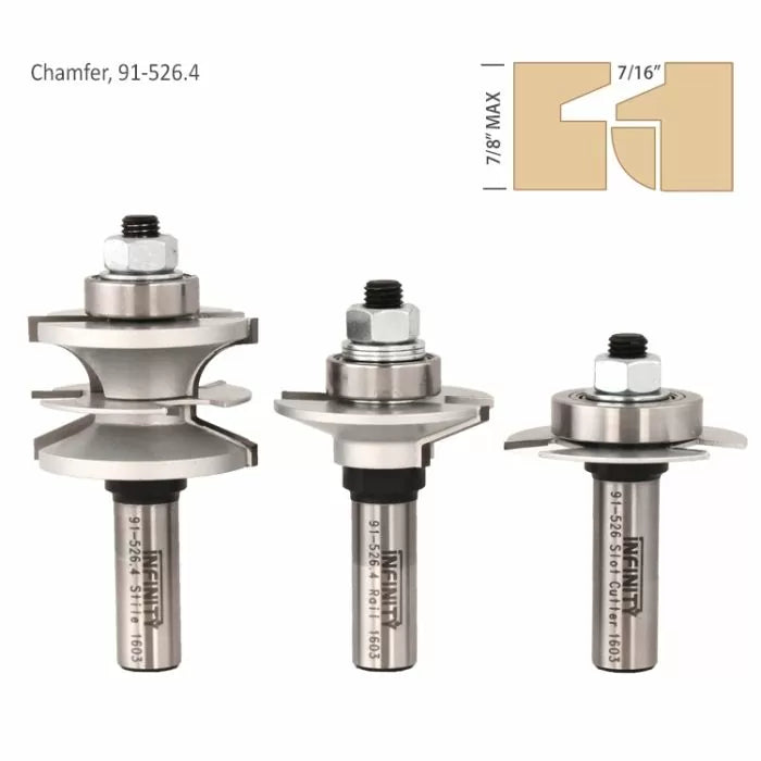 Three woodworking chamfer router bits with carbide tips for precise joinery cuts, labeled 91-526.4.