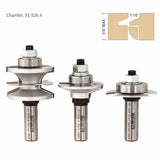Three woodworking chamfer router bits with carbide tips for precise joinery cuts, labeled 91-526.4.