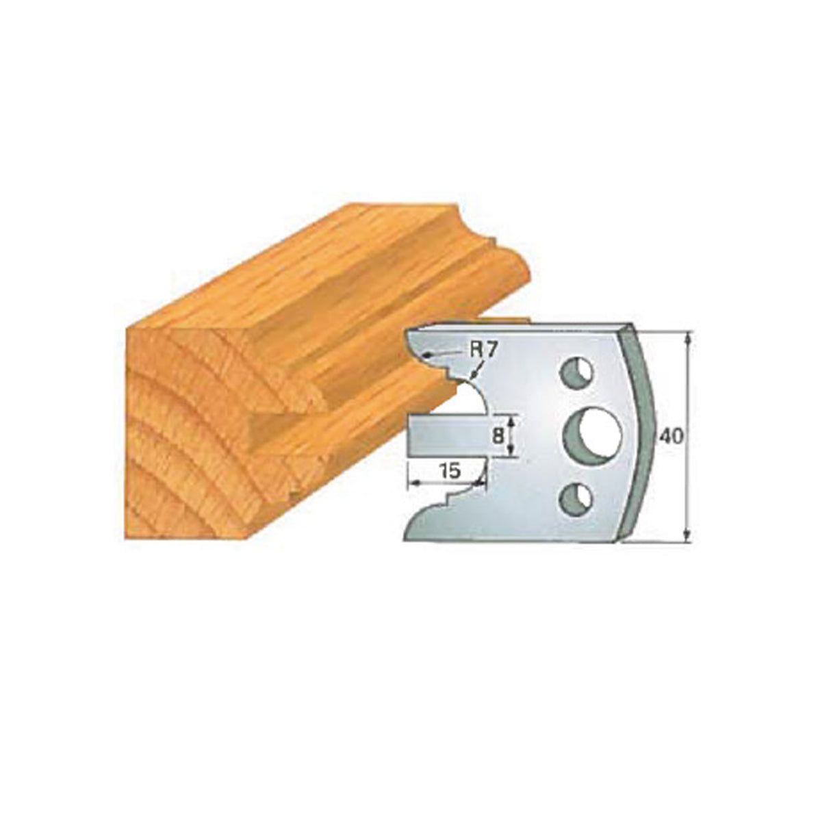 Woodworking molding profile cutter with dimensions and sample wood trim