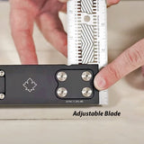 Adjustable woodworking blade tool with precision ruler on light wood surface