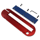 Precision table saw insert plate set with red and blue anodized aluminum parts and hardware