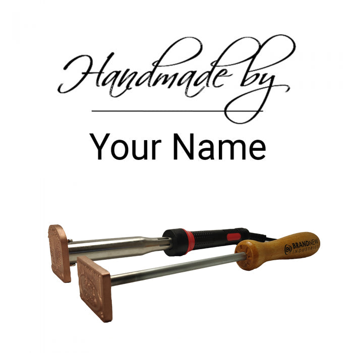 Custom woodworking branding irons with 'Handmade by Your Name' engraving, isolated on white background.