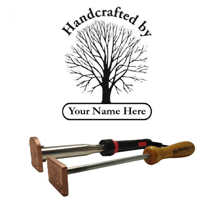 Custom wood branding irons with 'Handcrafted by Your Name Here' logo and tree graphic