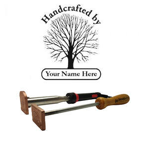 Custom wood branding irons with 'Handcrafted by Your Name Here' logo and tree graphic