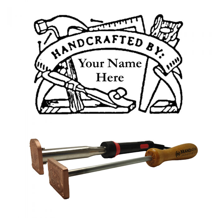 Custom woodworking branding irons with engraved heads and hand tools illustration backdrop