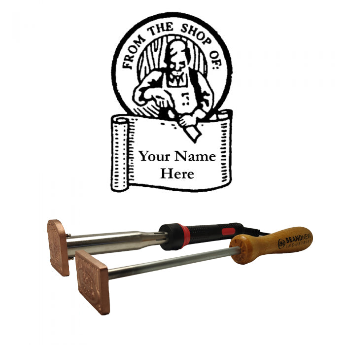 Custom woodworking branding irons with wooden handles and personalized stamp, illustration above.
