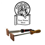 Custom woodworking branding irons with wooden handles and personalized stamp, illustration above.
