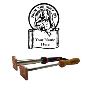 Custom woodworking branding irons with wooden handles and personalized stamp, illustration above.