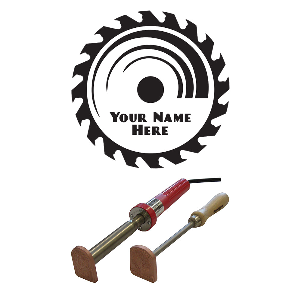 Custom woodworking branding irons with saw blade logo and woodburning tool