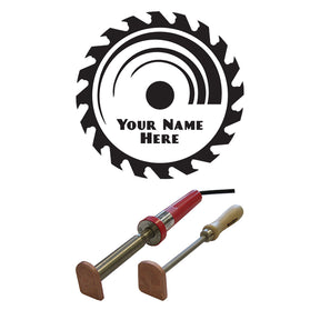 Custom woodworking branding irons with saw blade logo and woodburning tool