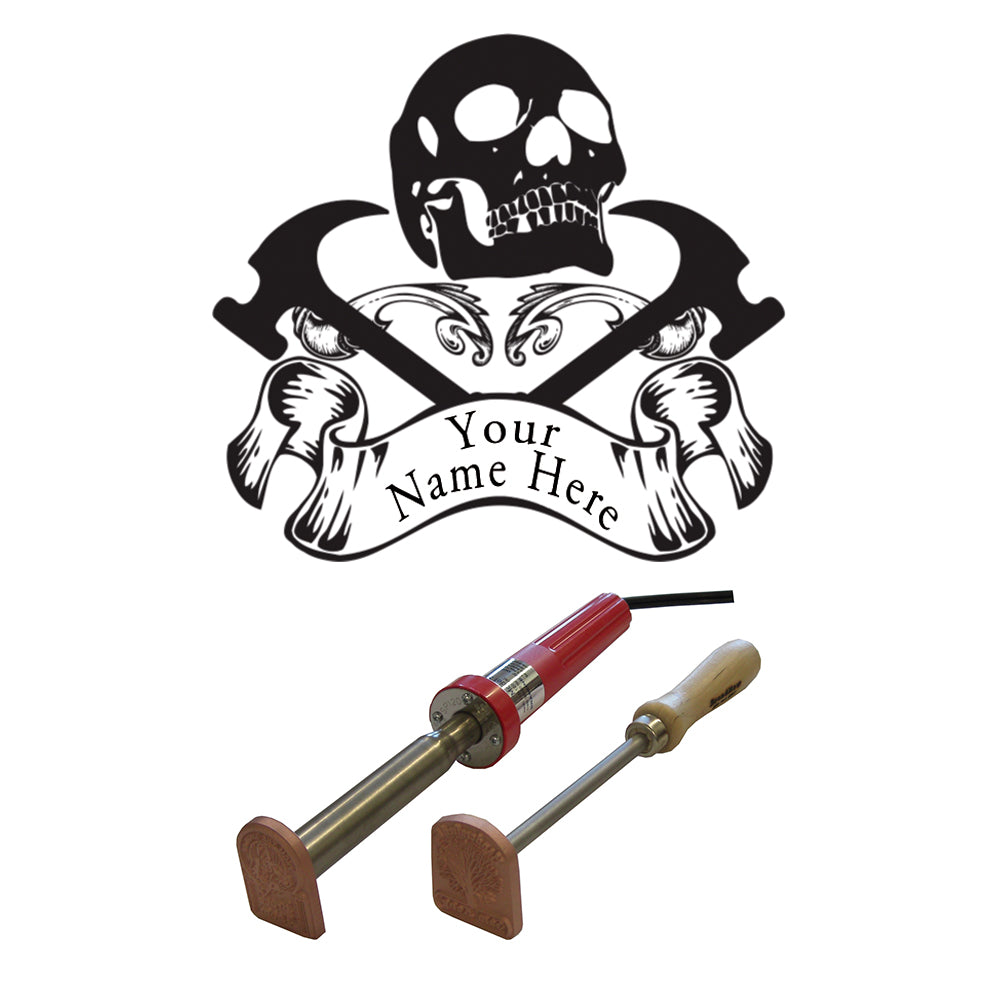 Custom branding iron for woodworking with skull and wrenches logo, includes electric and manual tools.