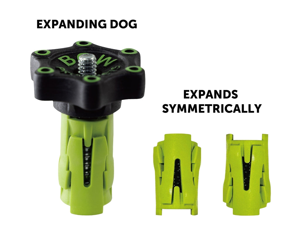Green expanding clamp dog for woodworking, with black knob and symmetrical expansion mechanism