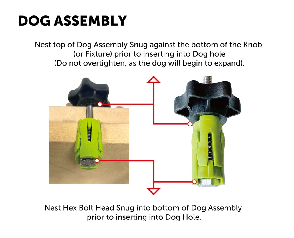Woodworking bench dog clamp assembly with black knob and green body, showing setup steps