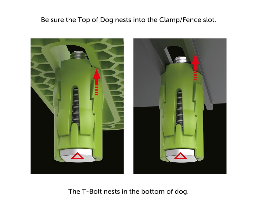 Green woodworking clamp dog and T-bolt shown nesting in clamp and fence slots.