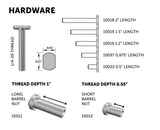 Diagram of hardware including 1/4-20 thread screws in various lengths and barrel nuts for woodworking.