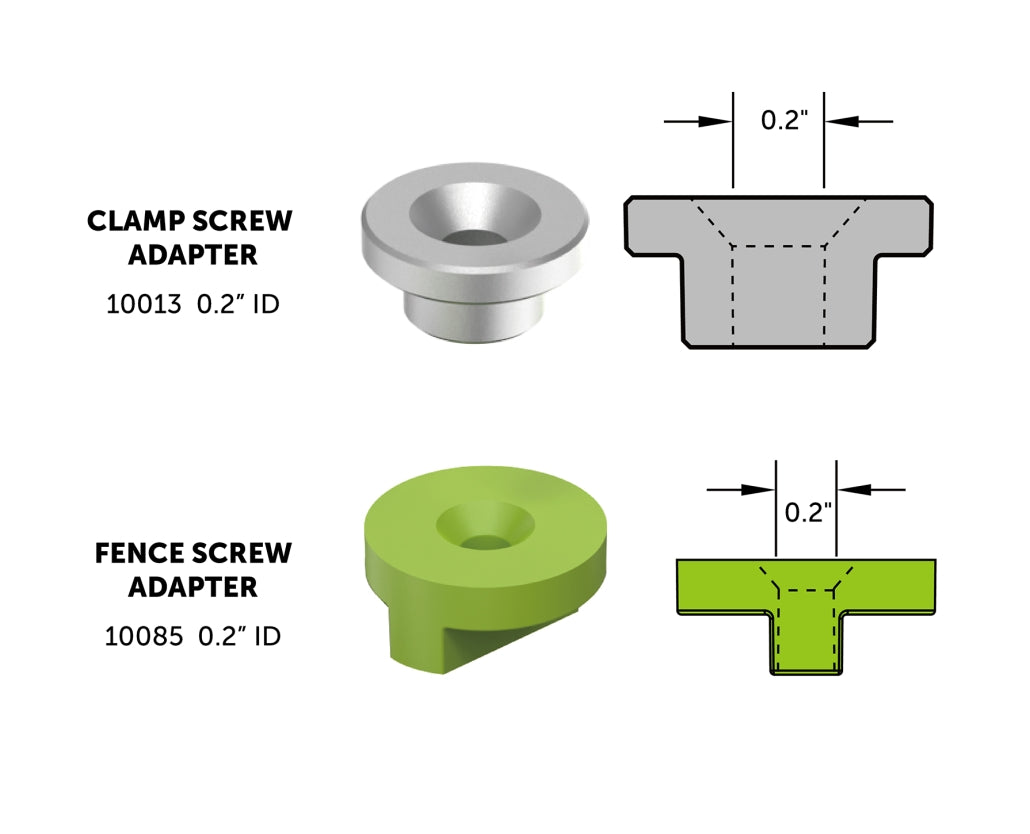 Clamp screw adapter and fence screw adapter for woodworking, 0.2 inch ID, with diagrams