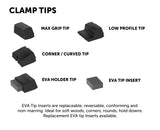 Assorted woodworking clamp tips including max grip, low profile, corner, and EVA tip insert.
