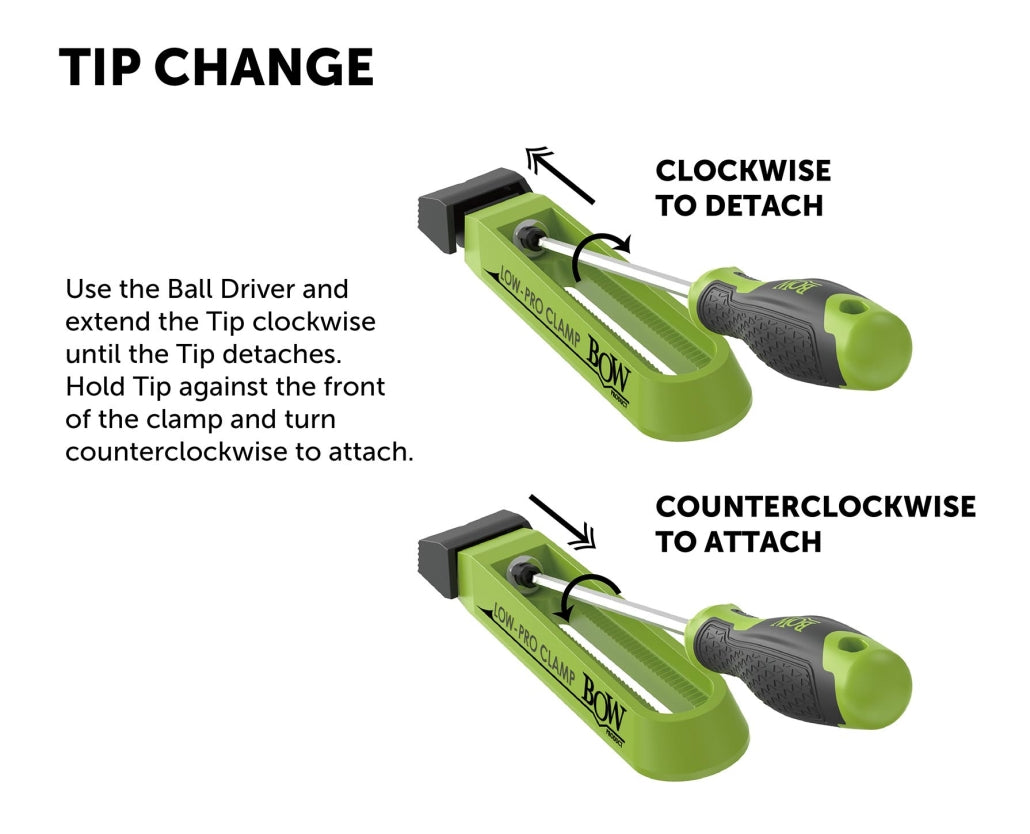 Green low-profile woodworking clamp showing instructions to attach or detach the tip using clockwise or counterclockwise turning.