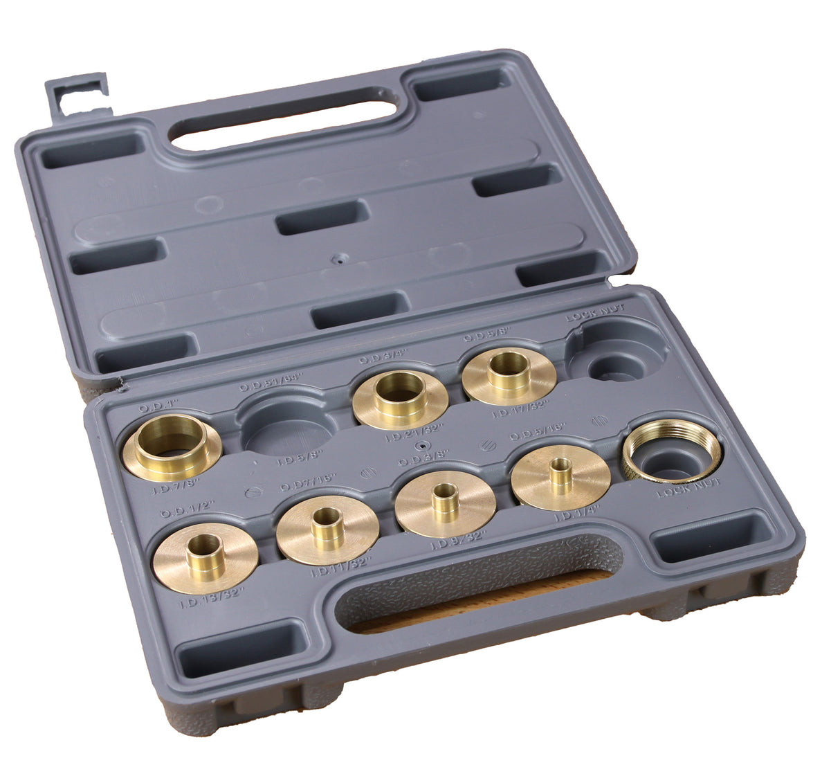 Brass router guide bushing set in gray plastic case for woodworking precision