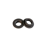 Pair of black saw blade bushings for woodworking tools on white background