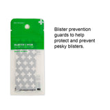 Blister prevention strips in green and clear packaging for protecting against blisters.