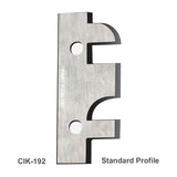 Standard profile CIK-192 molding cutter knife, steel blade with two mounting holes.