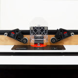 Router table with clear bit guard, dual feather boards, and visible router bit