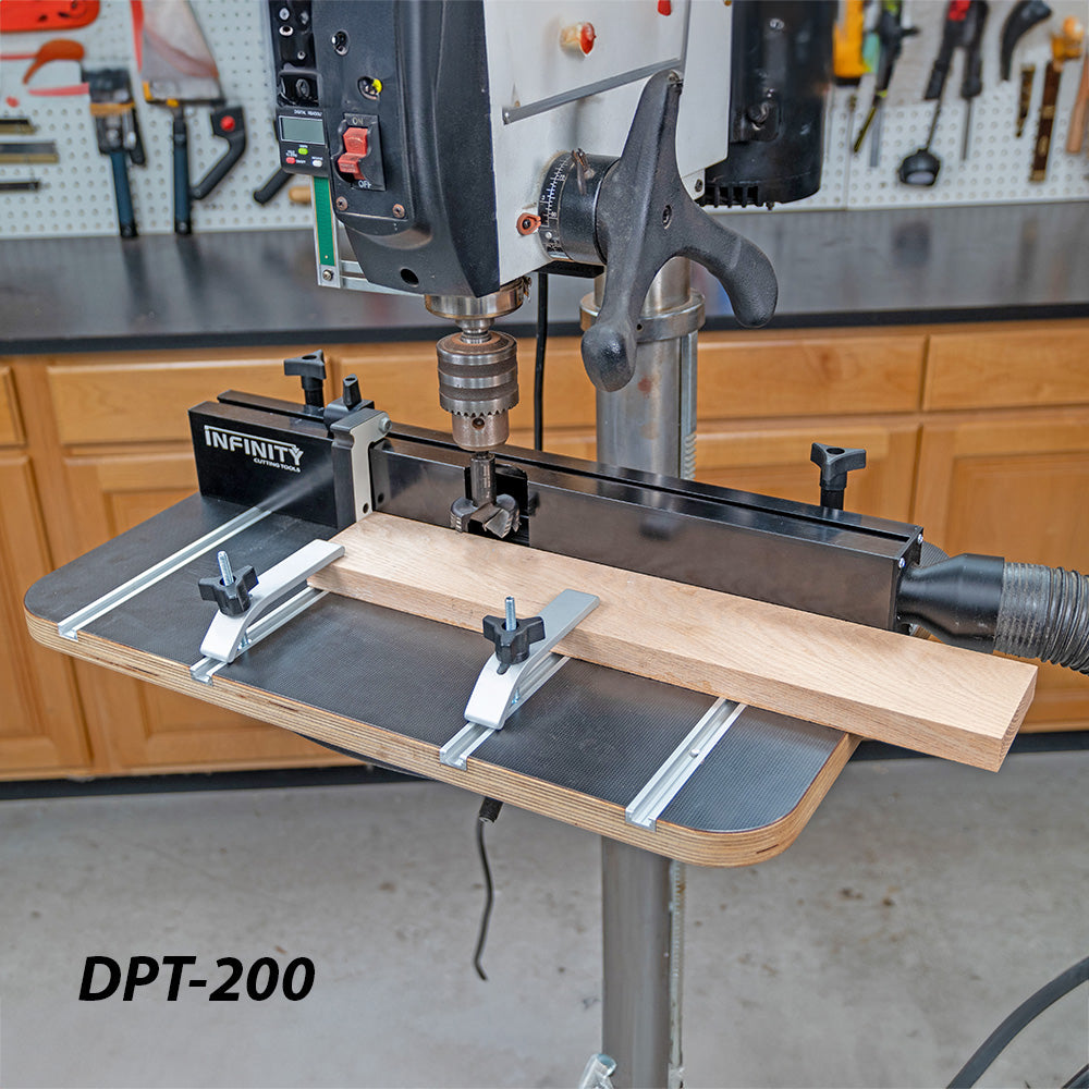 Drill press table fence set with dust collection in a woodworking shop, DPT-200 model