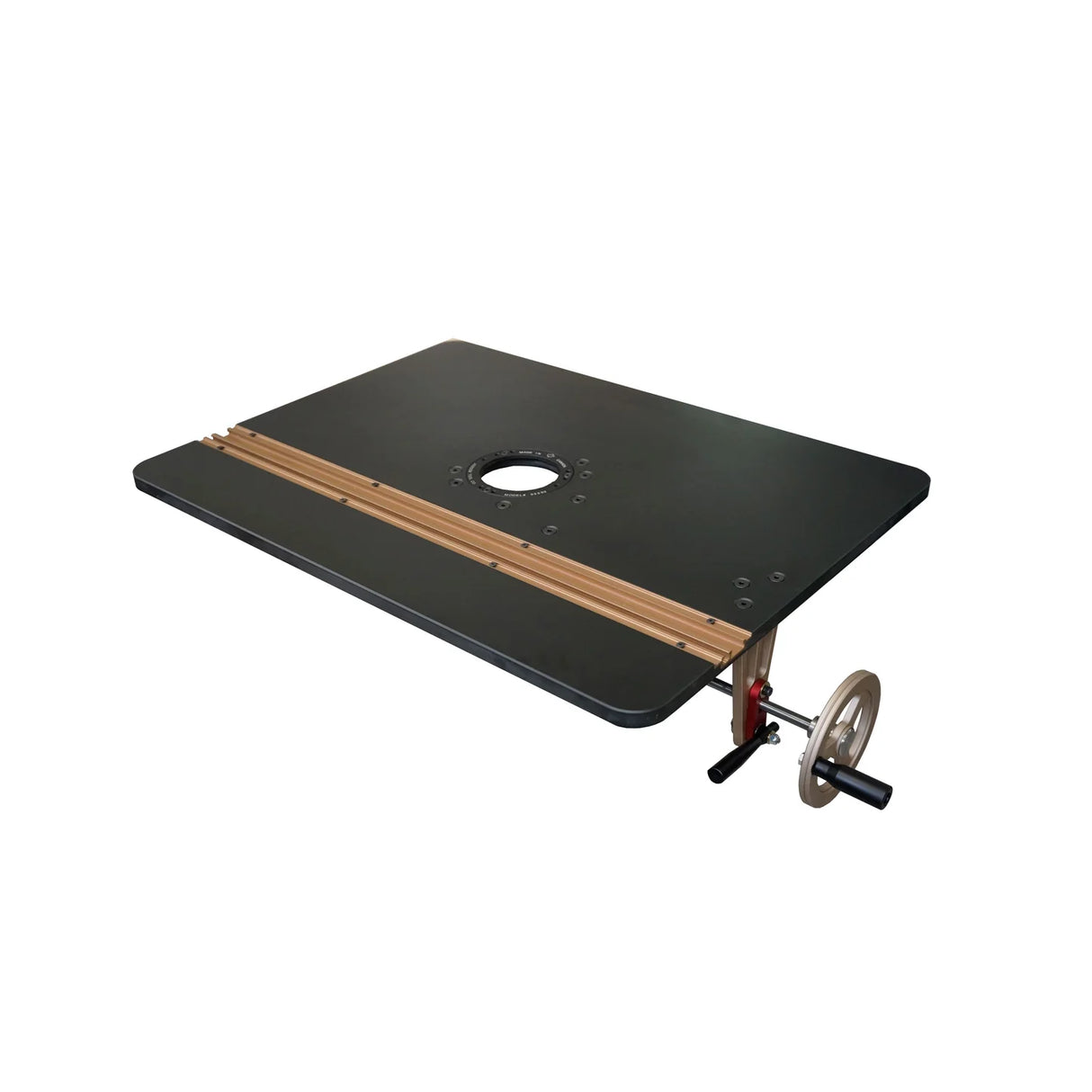 Router table top with lift mechanism and T-track insert for precision woodworking