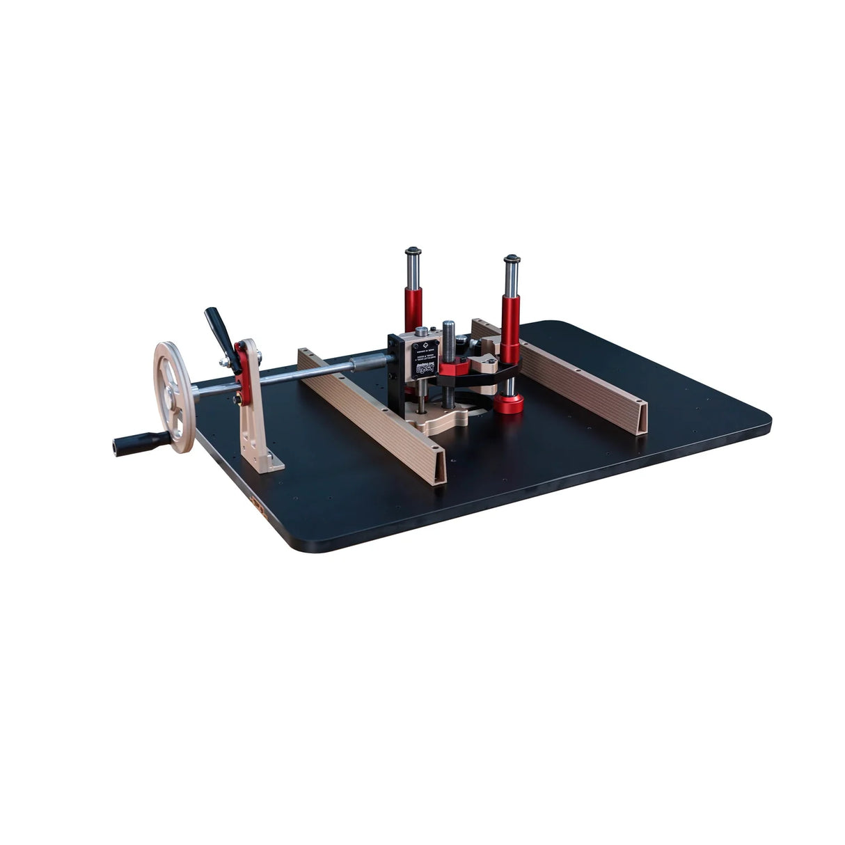 Precision woodworking router table with adjustable metal fence and red clamps