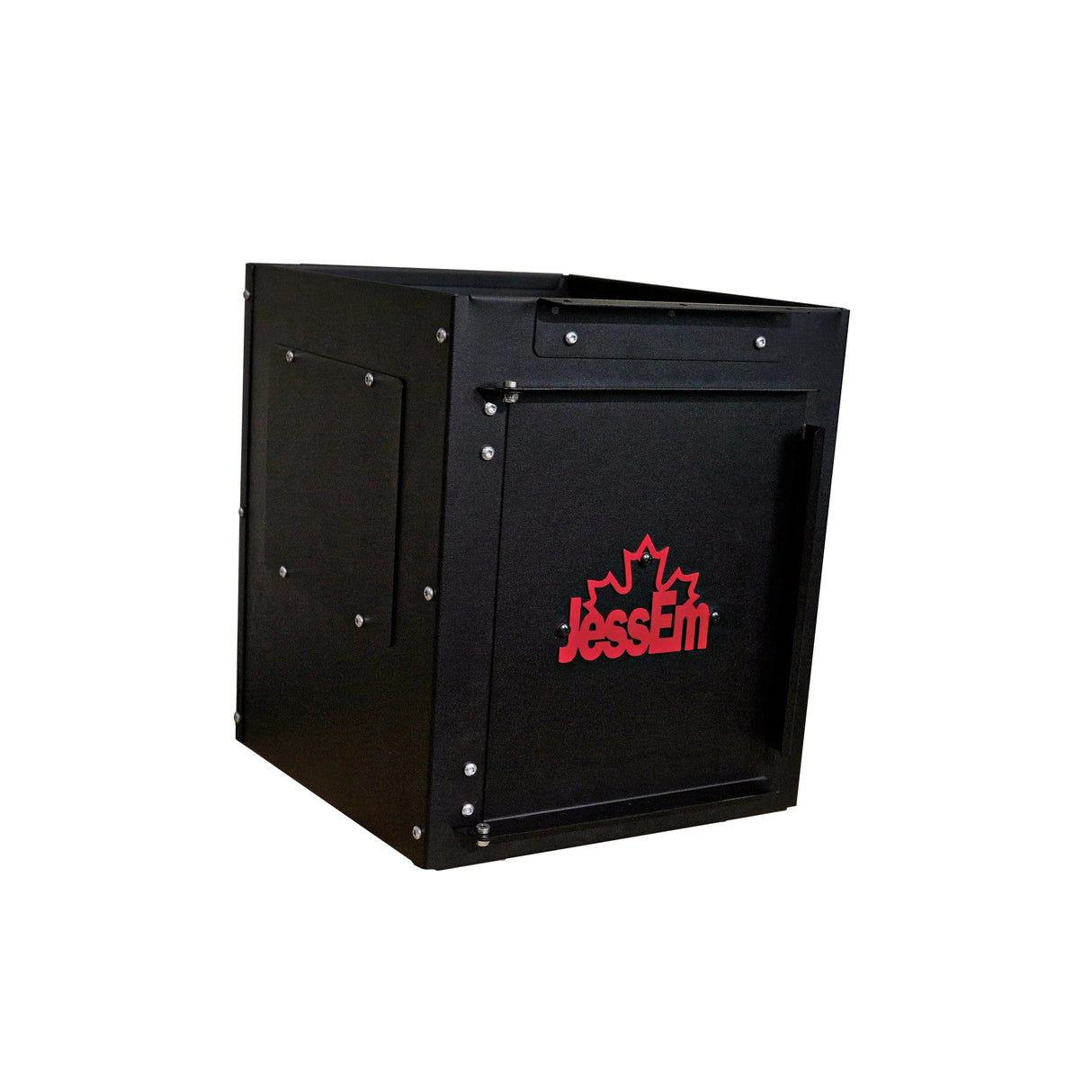 Black metal dust collection box for woodworking with red JessEm logo and maple leaf design