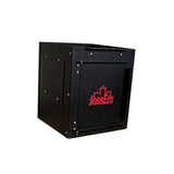 Black metal dust collection box for woodworking with red JessEm logo and maple leaf design