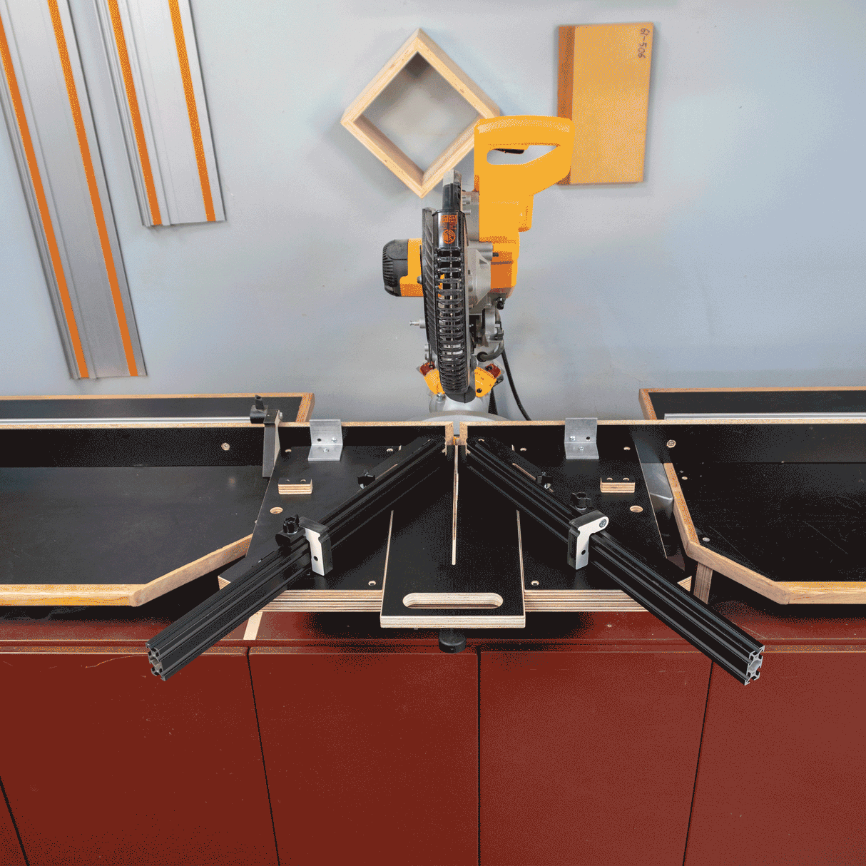 Easy Angle Miter Jig on miter saw station demonstrating precise angle wood cutting