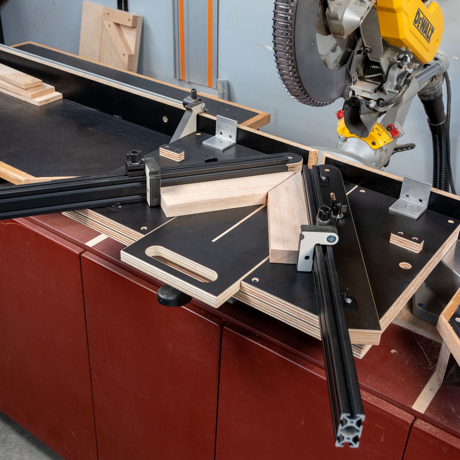 Easy angle miter jig set up with miter saw, cutting wood for precise angled cuts