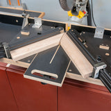 Easy Angle miter jig clamped to a saw station, holding wood pieces for precise miter cuts