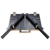 Easy angle miter jig for woodworking, adjustable black arms on a plywood base, white background