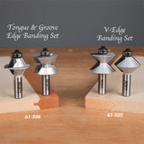 Tongue and groove edge banding router bit set and V-edge banding set on wood pieces
