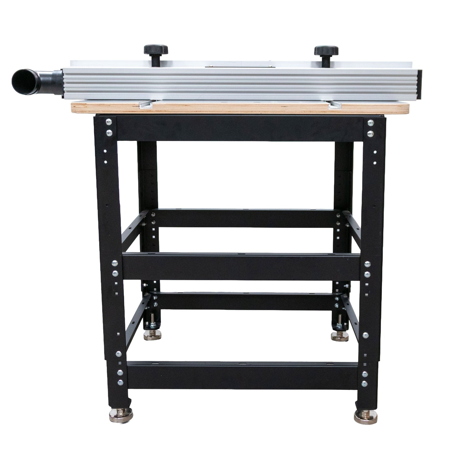Essential router table package with aluminum fence and sturdy metal stand, rear view