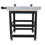 Essential router table package with aluminum fence and sturdy metal stand, rear view