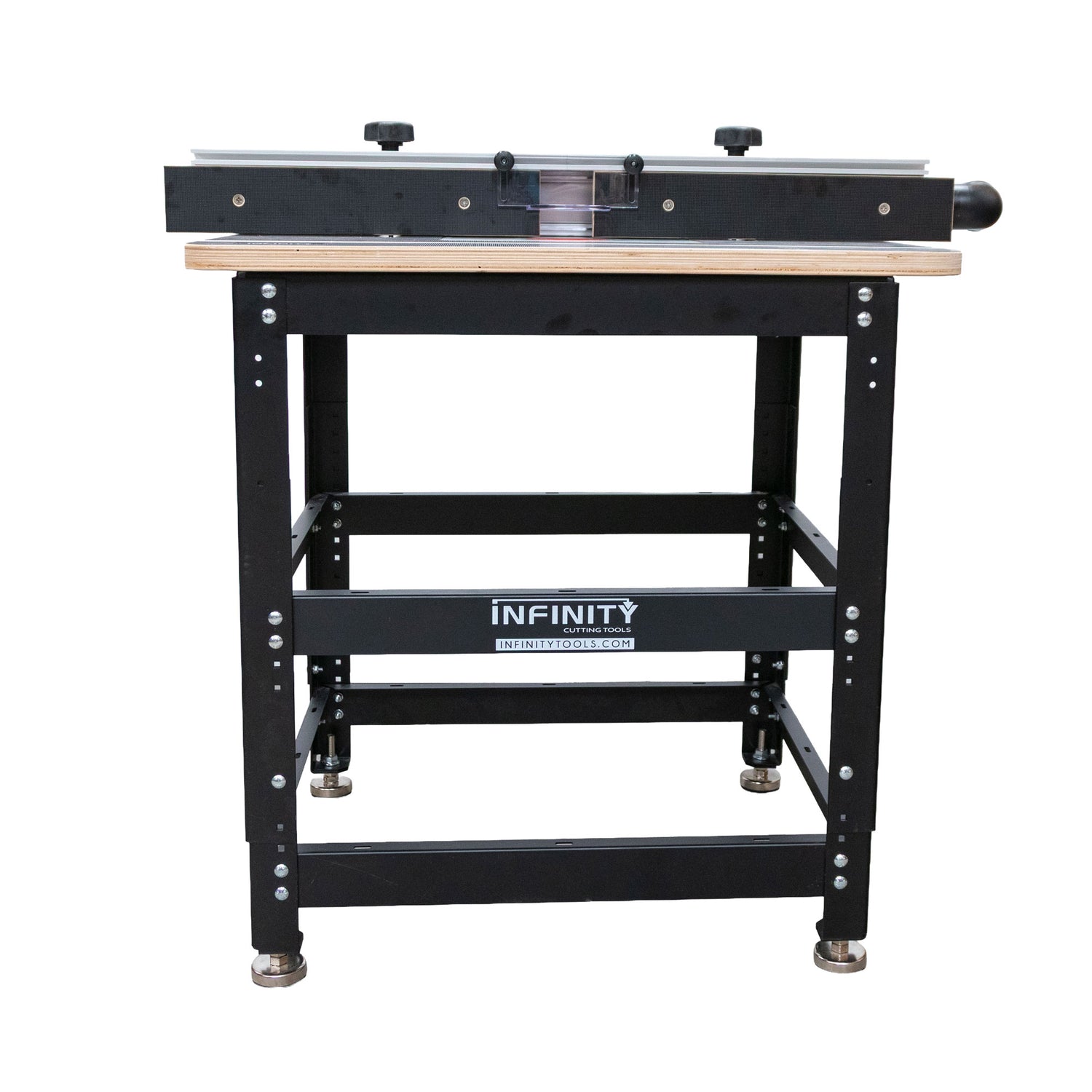 Essential router table package with black steel frame, wood top, and adjustable fence, front view