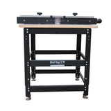 Essential router table package with black steel frame, wood top, and adjustable fence, front view