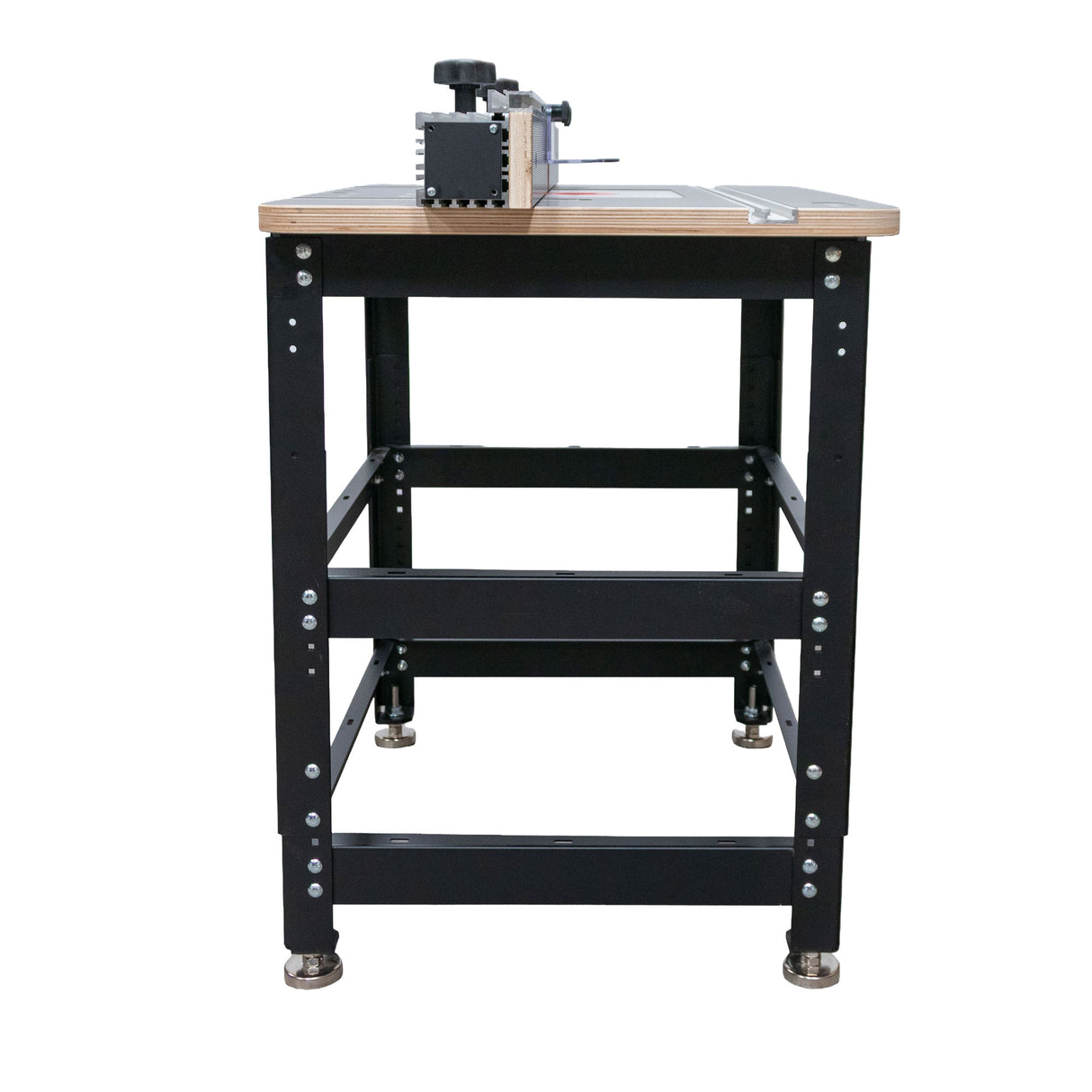 Essential router table package with metal legs, wood top, and mounted fence system