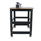 Essential router table package with metal legs, wood top, and mounted fence system
