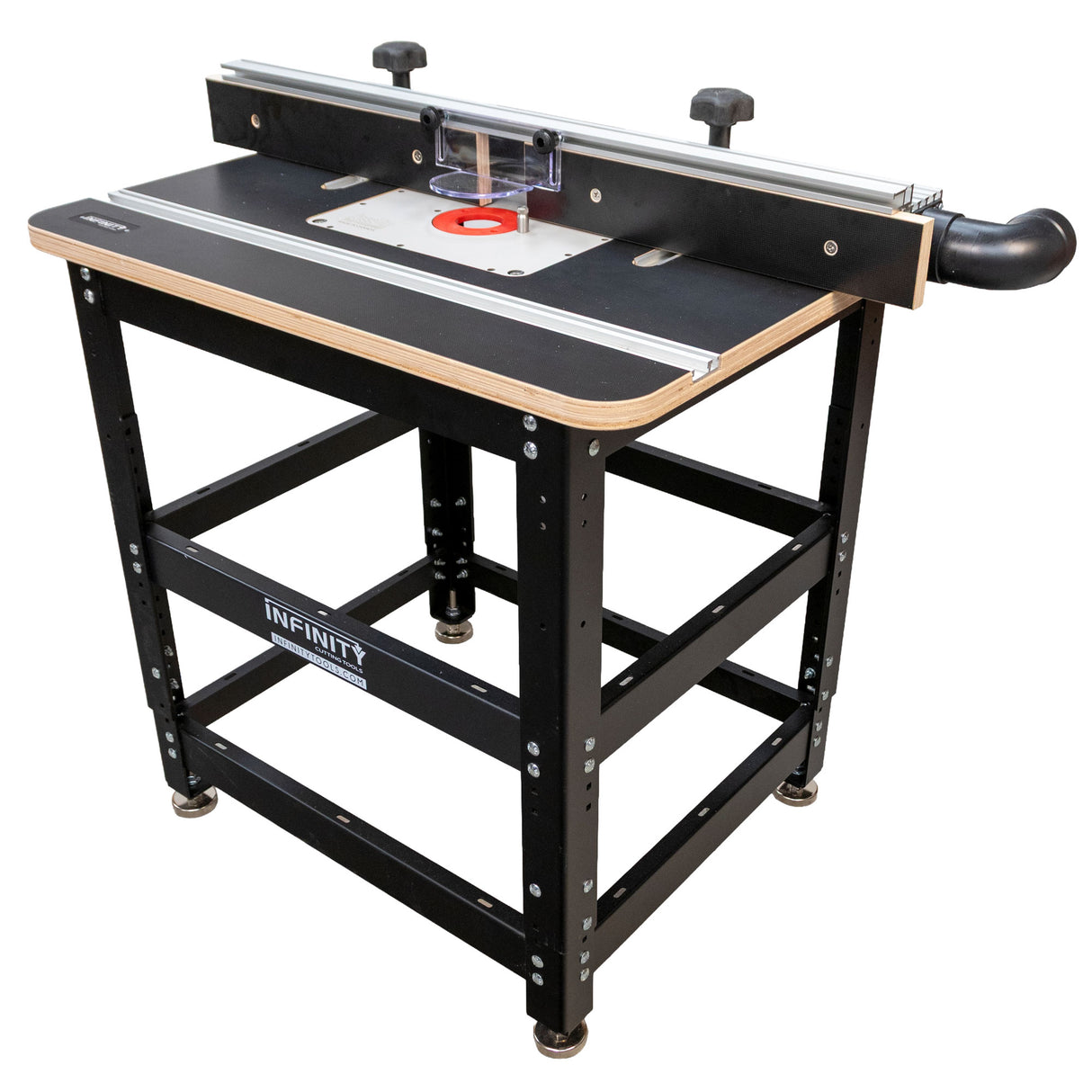 Professional router table with aluminum fence, dust port, and sturdy frame for woodworking.