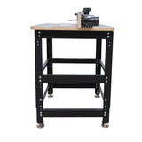 Essential router table package with metal legs, router plate, and attached fence for woodworking